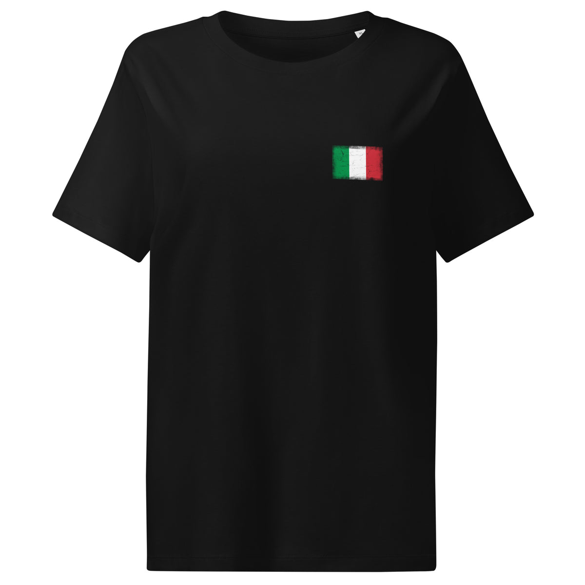 Italy flag t-shirt in Black, vintage-washed print, small flag on the left chest, women cut, front view