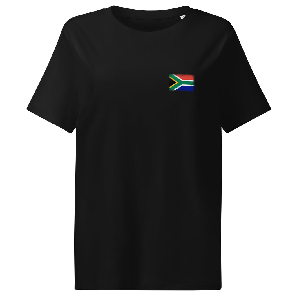 South Africa flag t-shirt in Black, vintage-washed print, small flag on the left chest, women cut, front view