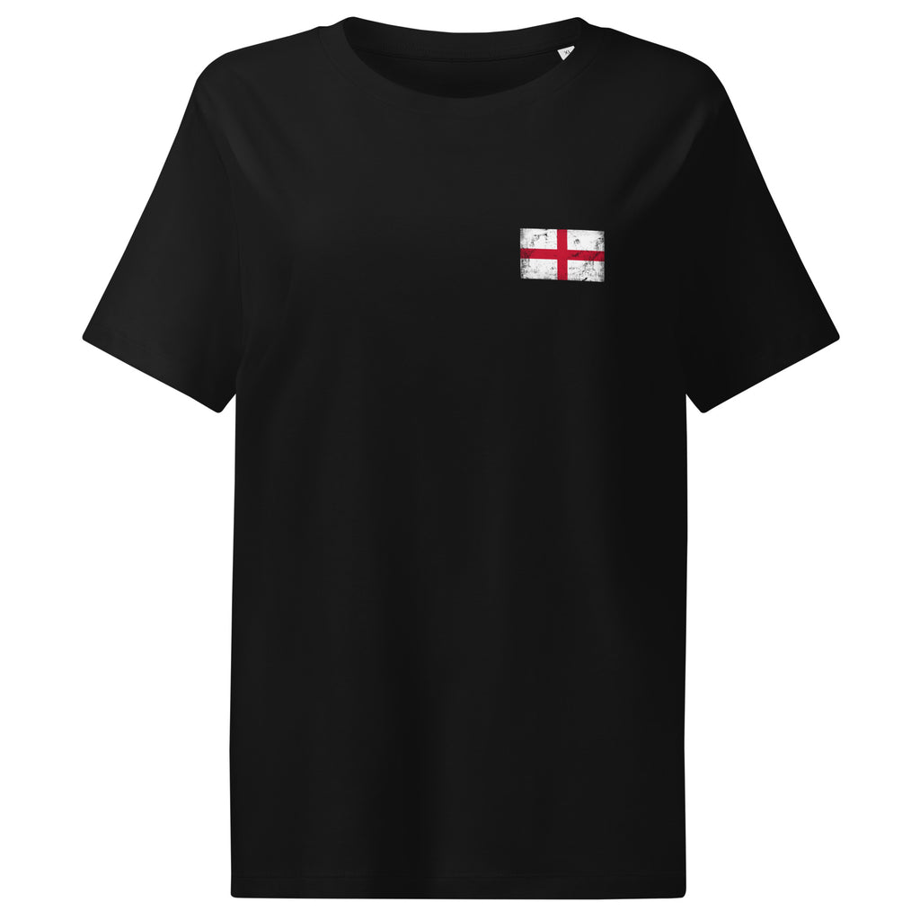 England flag t-shirt in Black, vintage-washed print, small flag on the left chest, women cut, front view