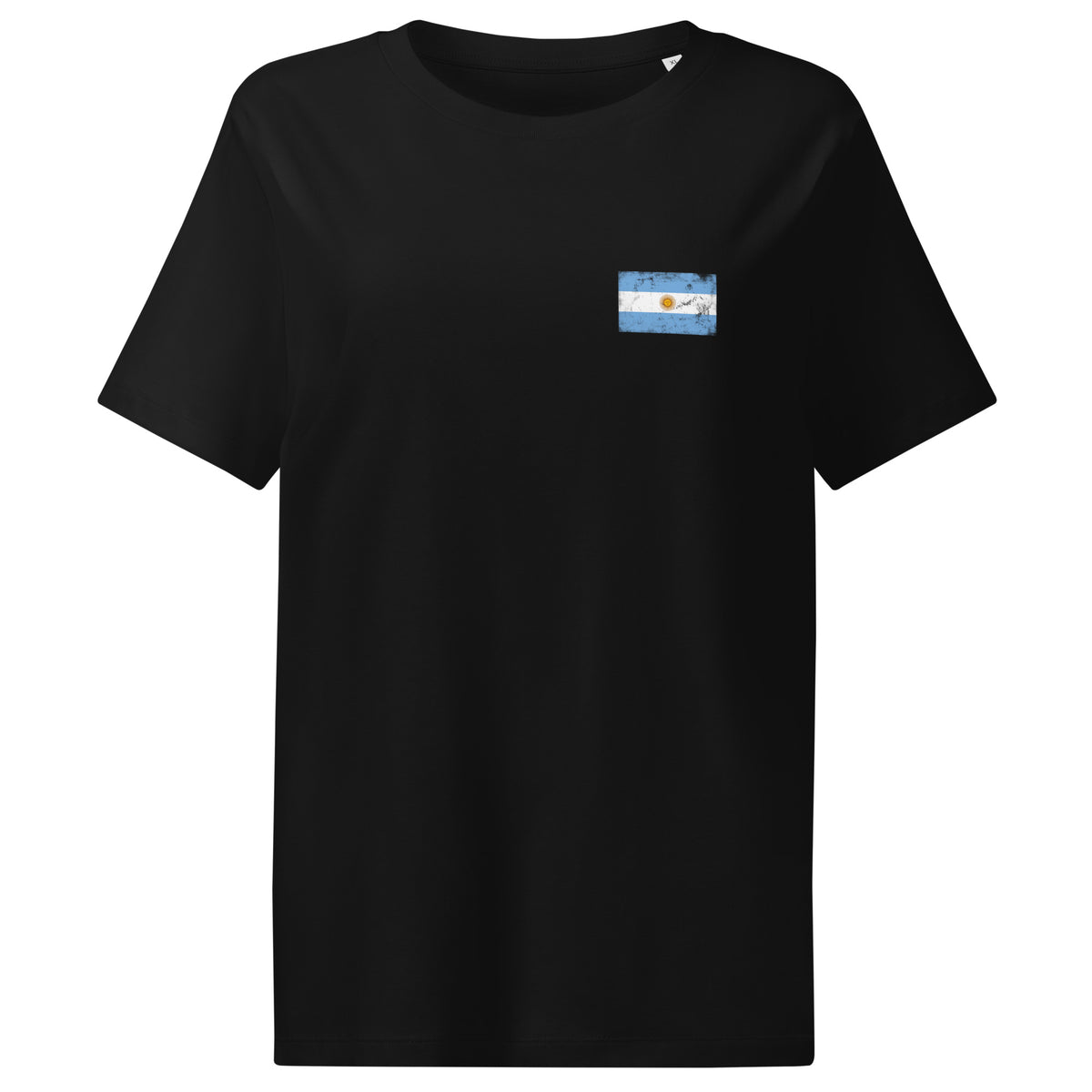 Argentina flag t-shirt in Black, vintage-washed print, small flag on the left chest, women cut, front view
