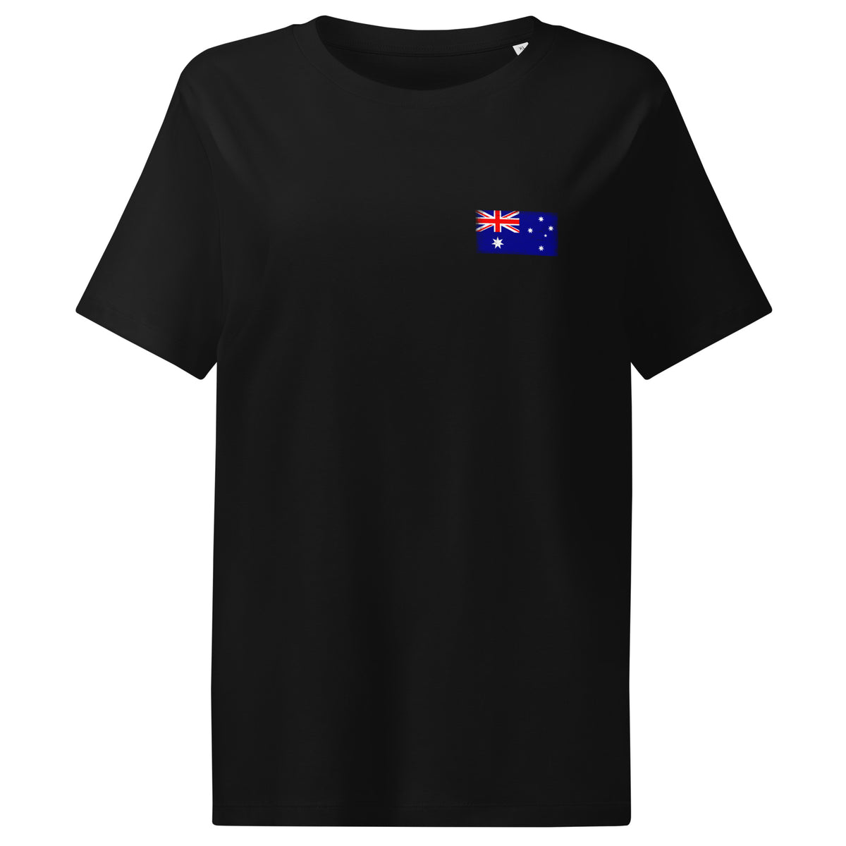 Australia flag t-shirt in Black, vintage-washed print, small flag on the left chest, women cut, front view