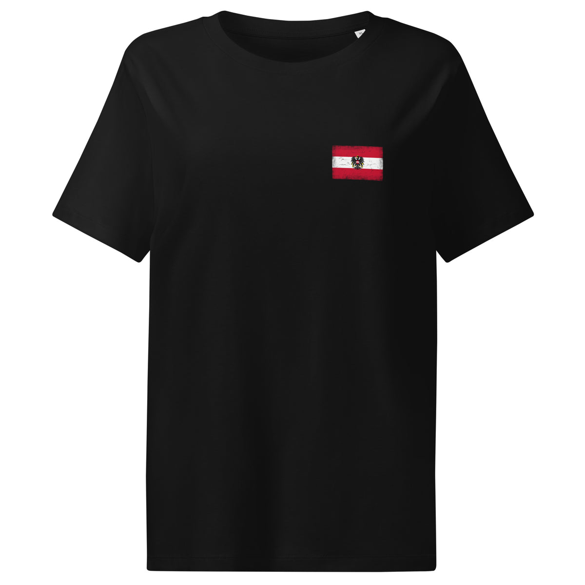 Austria flag t-shirt in Black, vintage-washed print, small flag on the left chest, women cut, front view