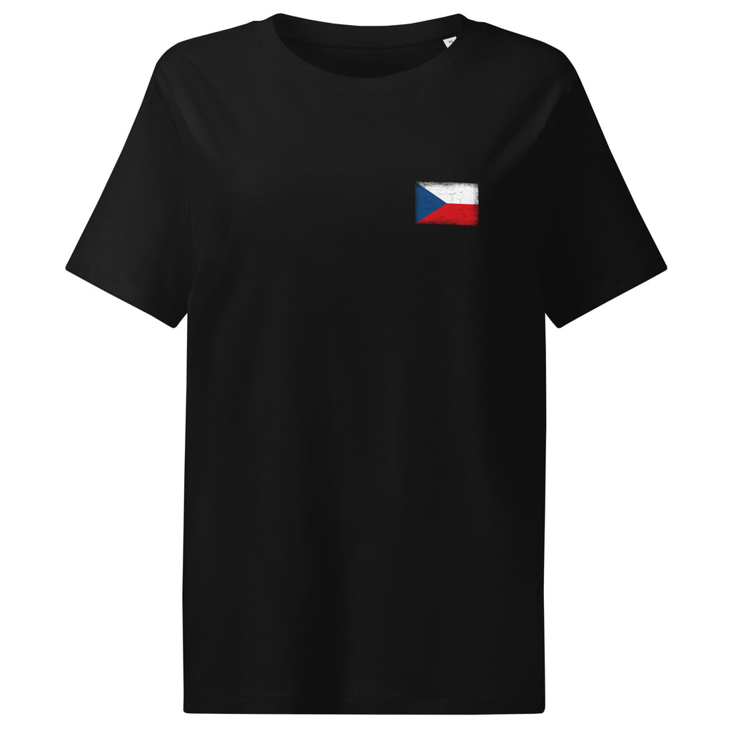 Czechia flag t-shirt in Black, vintage-washed print, small flag on the left chest, women cut, front view