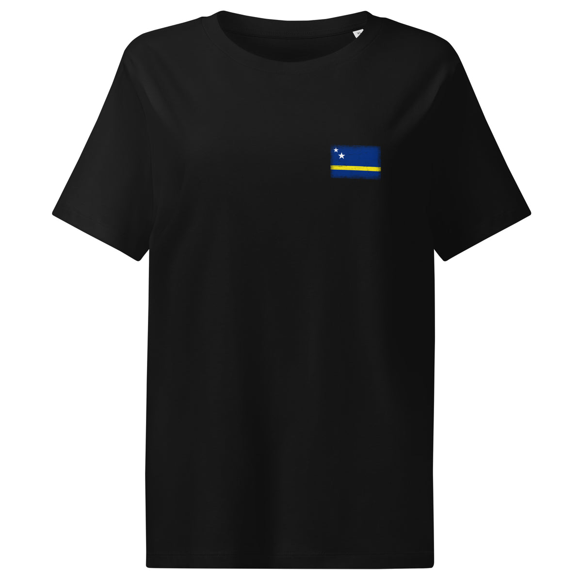 Curaçao flag t-shirt in Black, vintage-washed print, small flag on the left chest, women cut, front view