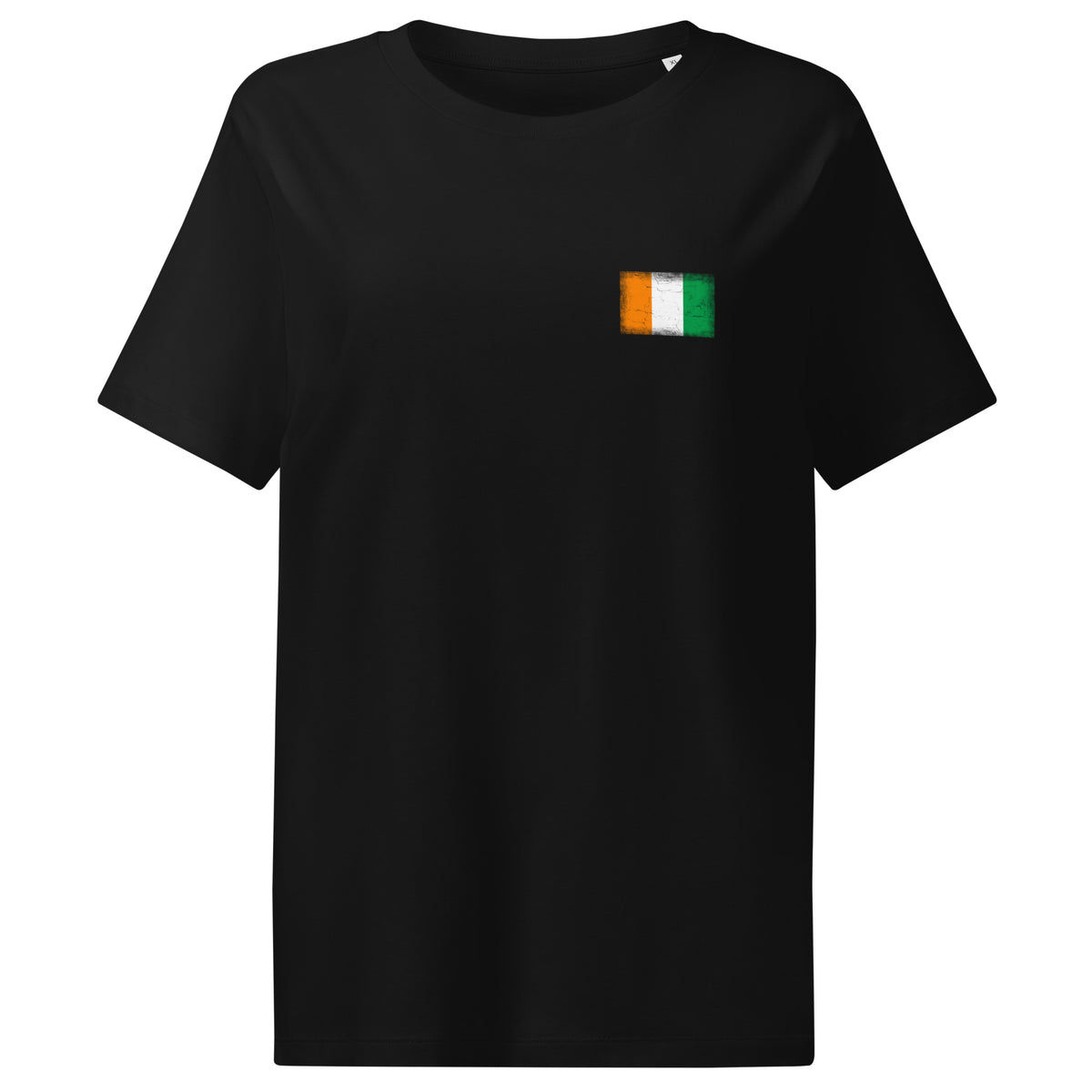Côte d'Ivoire flag t-shirt in Black, vintage-washed print, small flag on the left chest, women cut, front view