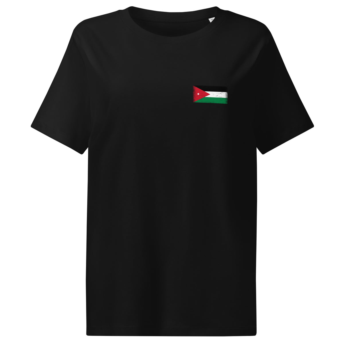 Jordan flag t-shirt in Black, vintage-washed print, small flag on the left chest, women cut, front view
