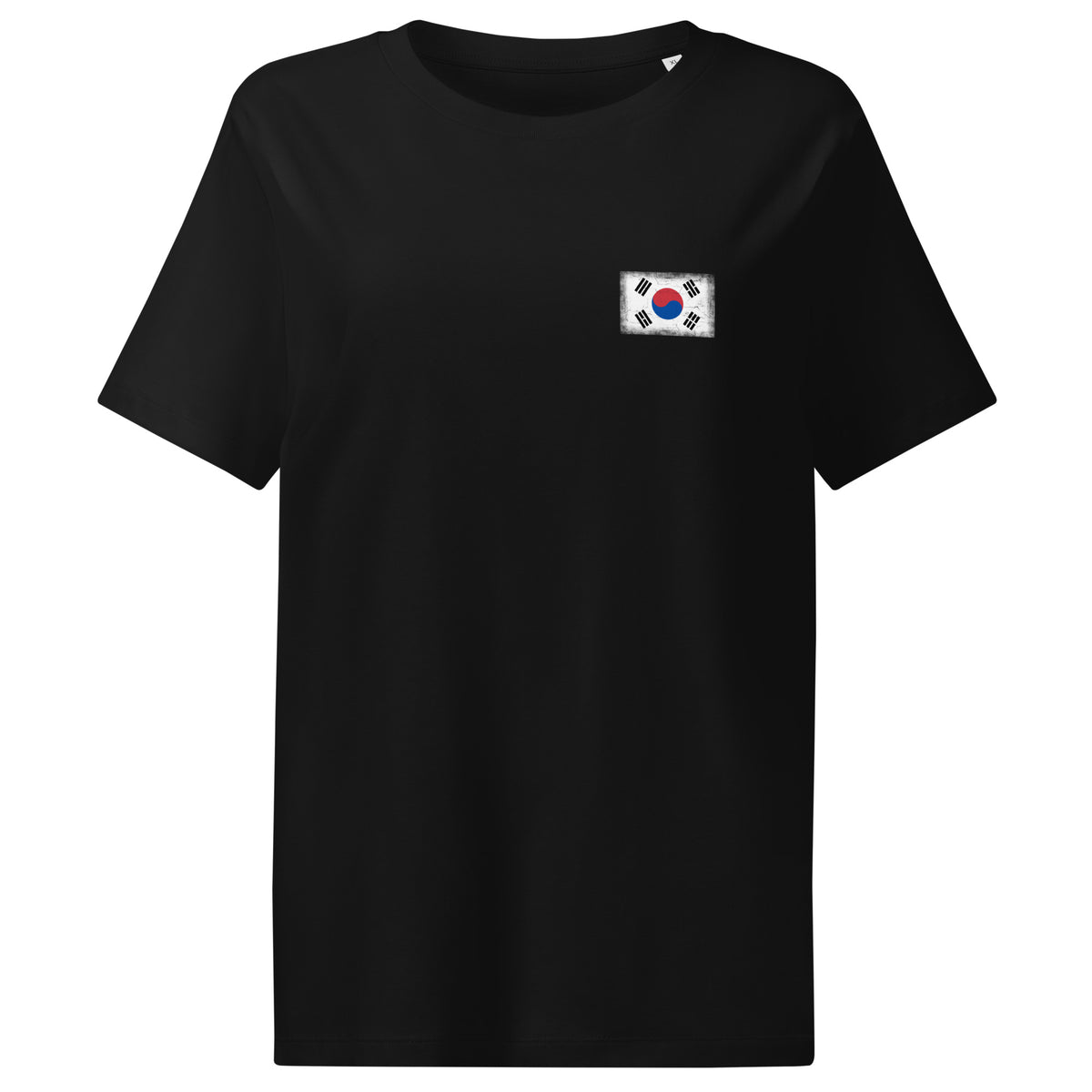 South Korea flag t-shirt in Black, vintage-washed print, small flag on the left chest, women cut, front view