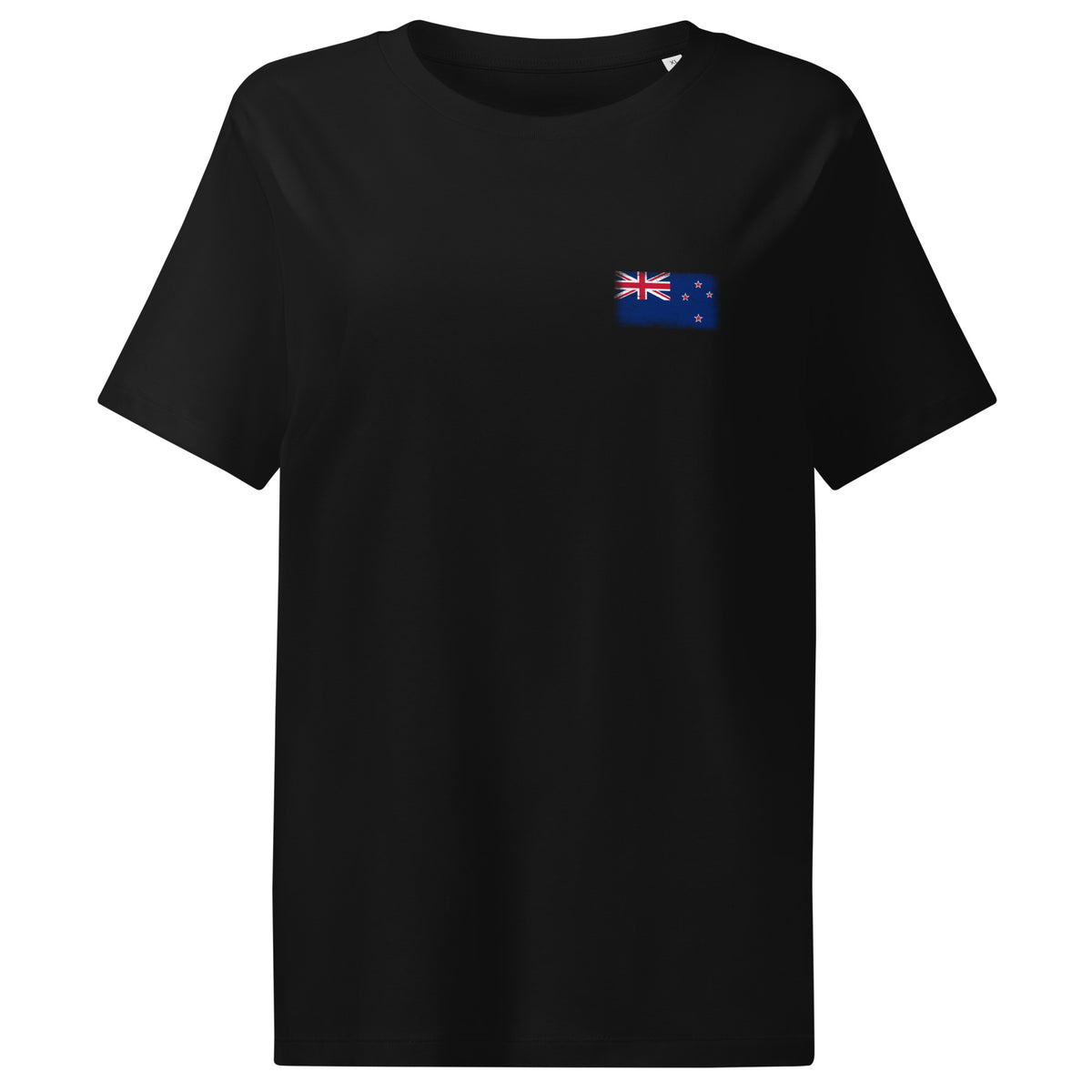New Zealand flag t-shirt in Black, vintage-washed print, small flag on the left chest, women cut, front view