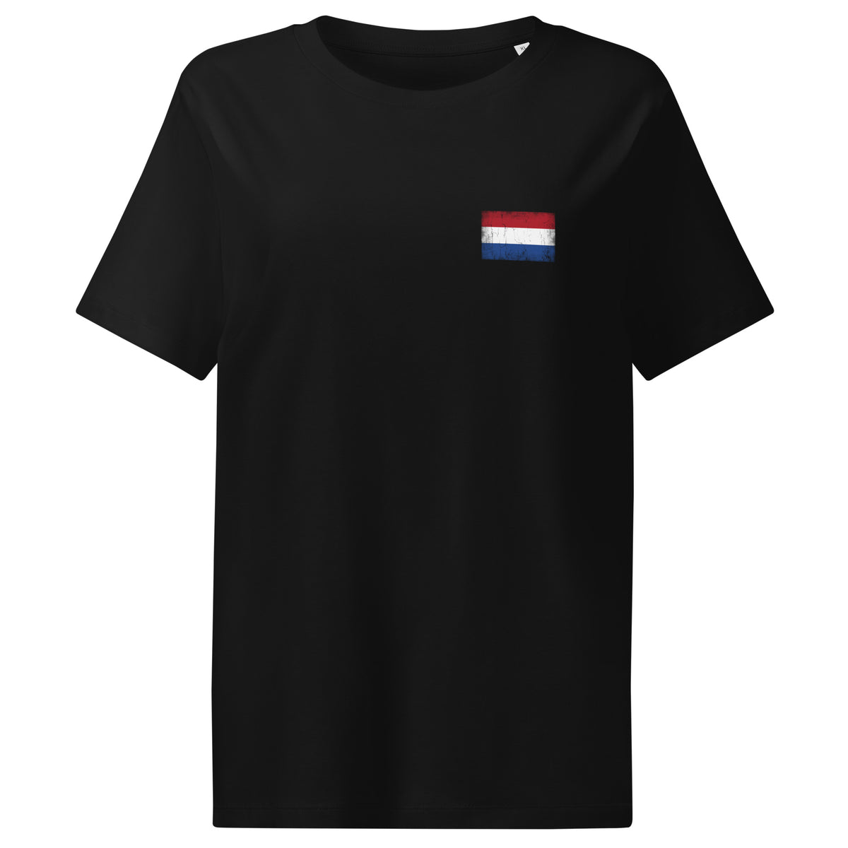 Netherlands flag t-shirt in Black, vintage-washed print, small flag on the left chest, women cut, front view