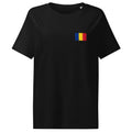 Romania flag t-shirt in Black, vintage-washed print, small flag on the left chest, women cut, front view