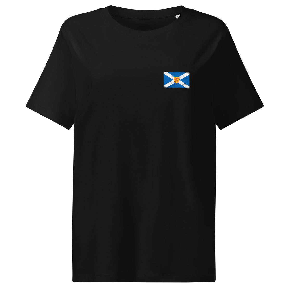 Scotland flag t-shirt in Black, vintage-washed print, small flag on the left chest, women cut, front view