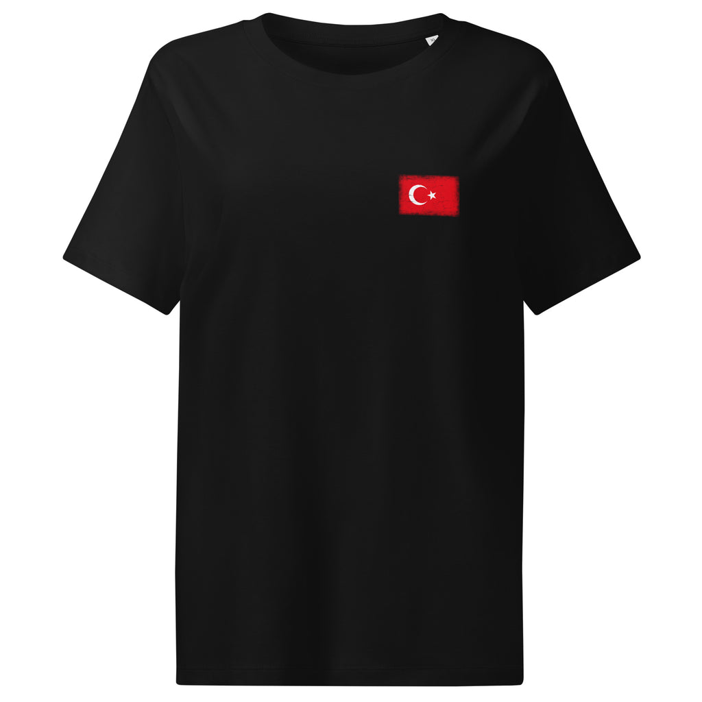 Turkey flag t-shirt in Black, vintage-washed print, small flag on the left chest, women cut, front view