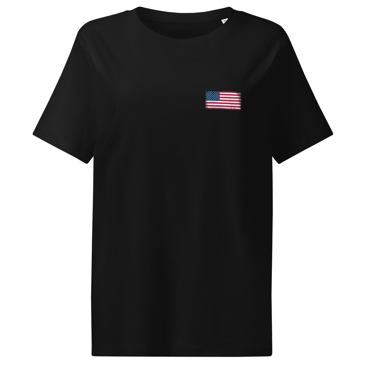 Uruguay flag t-shirt in Black, vintage-washed print, small flag on the left chest, women cut, front view