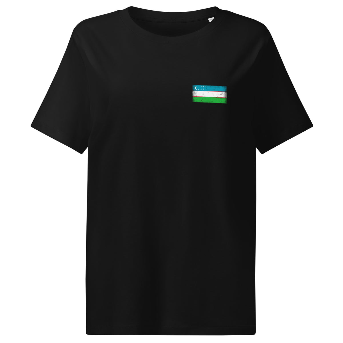 Uzbekistan flag t-shirt in Black, vintage-washed print, small flag on the left chest, women cut, front view