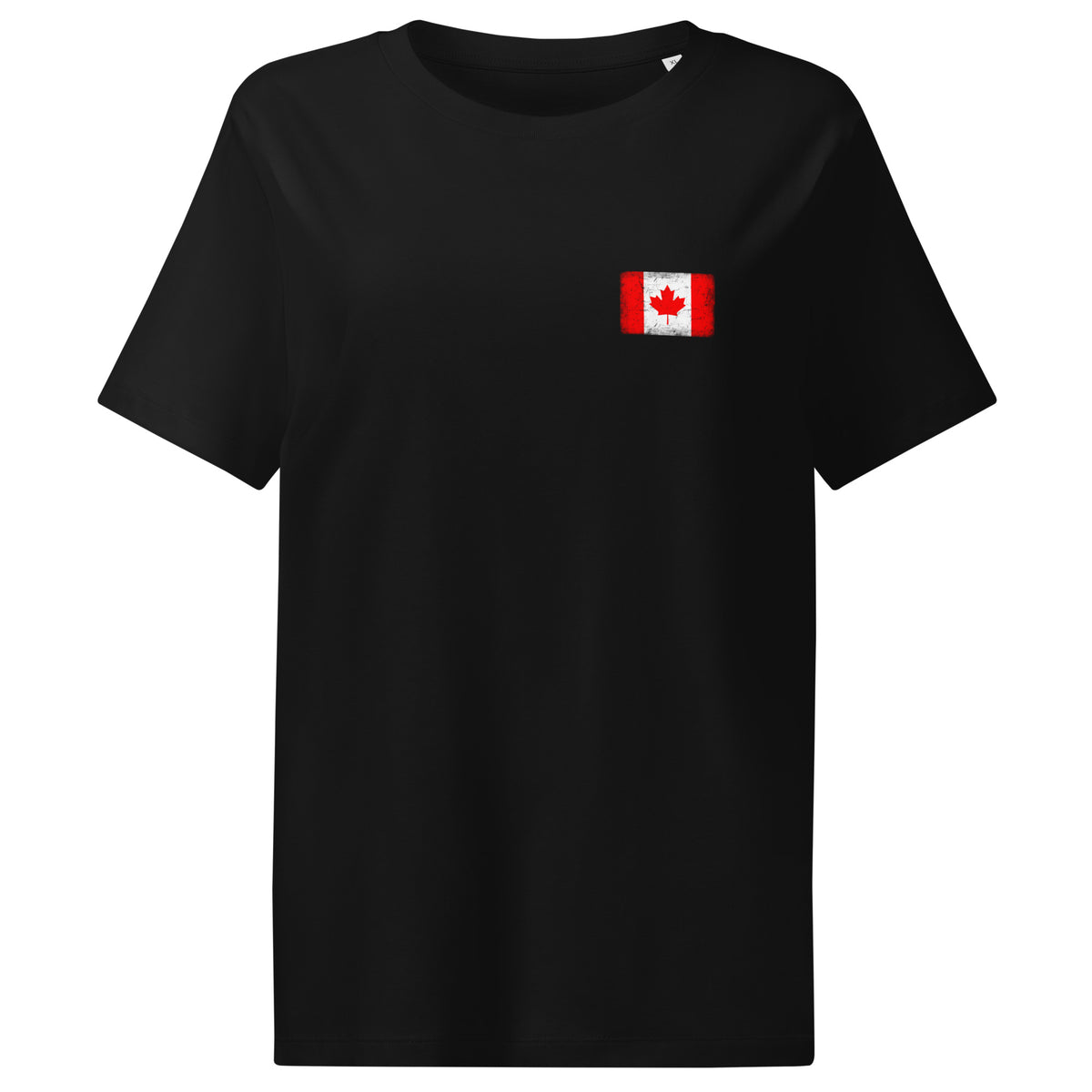Canada flag t-shirt in Black, vintage-washed print, small flag on the left chest, women cut, front view