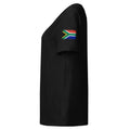 South Africa flag t-shirt in Black, vintage-washed print, flag badge on the left sleeve, women cut, side view