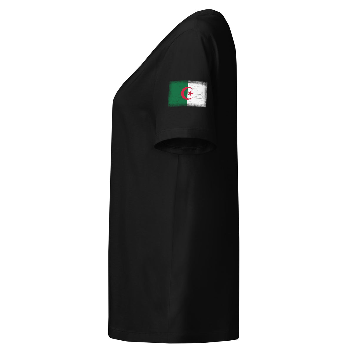 Algeria flag t-shirt in Black, vintage-washed print, flag badge on the left sleeve, women cut, side view