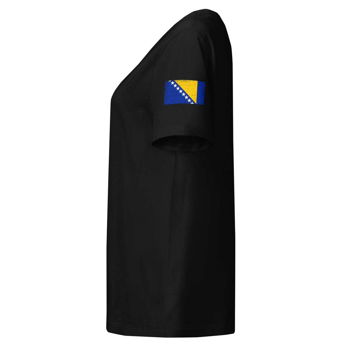 Bosnia and Herzegovina flag t-shirt in Black, vintage-washed print, flag badge on the left sleeve, women cut, side view