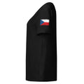 Czechia flag t-shirt in Black, vintage-washed print, flag badge on the left sleeve, women cut, side view