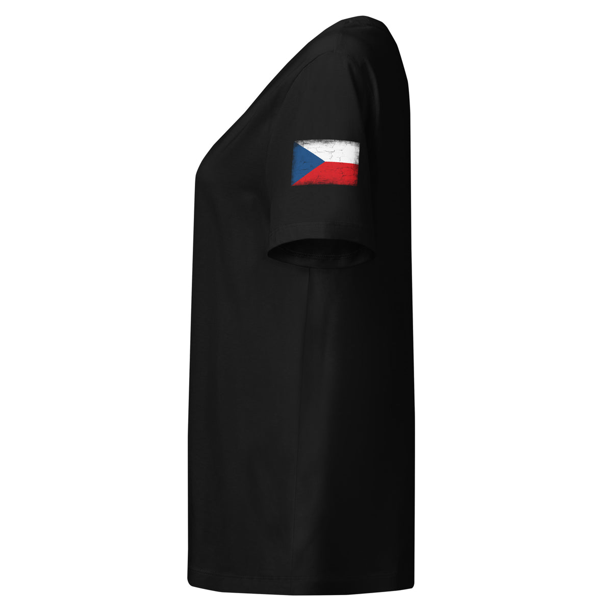Czechia flag t-shirt in Black, vintage-washed print, flag badge on the left sleeve, women cut, side view