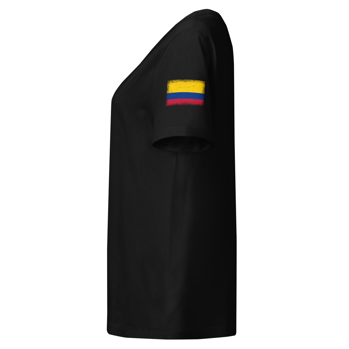 Colombia flag t-shirt in Black, vintage-washed print, flag badge on the left sleeve, women cut, side view