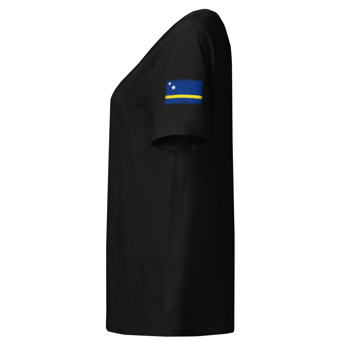 Curaçao flag t-shirt in Black, vintage-washed print, flag badge on the left sleeve, women cut, side view