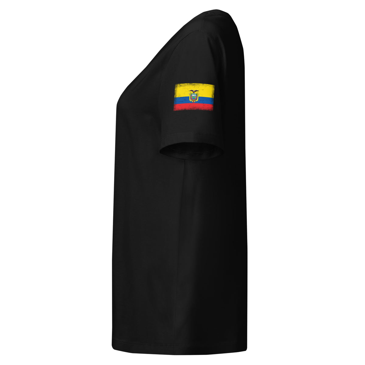 Ecuador flag t-shirt in Black, vintage-washed print, flag badge on the left sleeve, women cut, side view