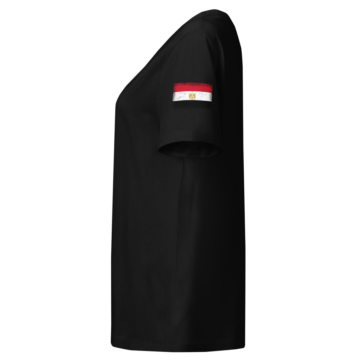Egypt flag t-shirt in Black, vintage-washed print, flag badge on the left sleeve, women cut, side view