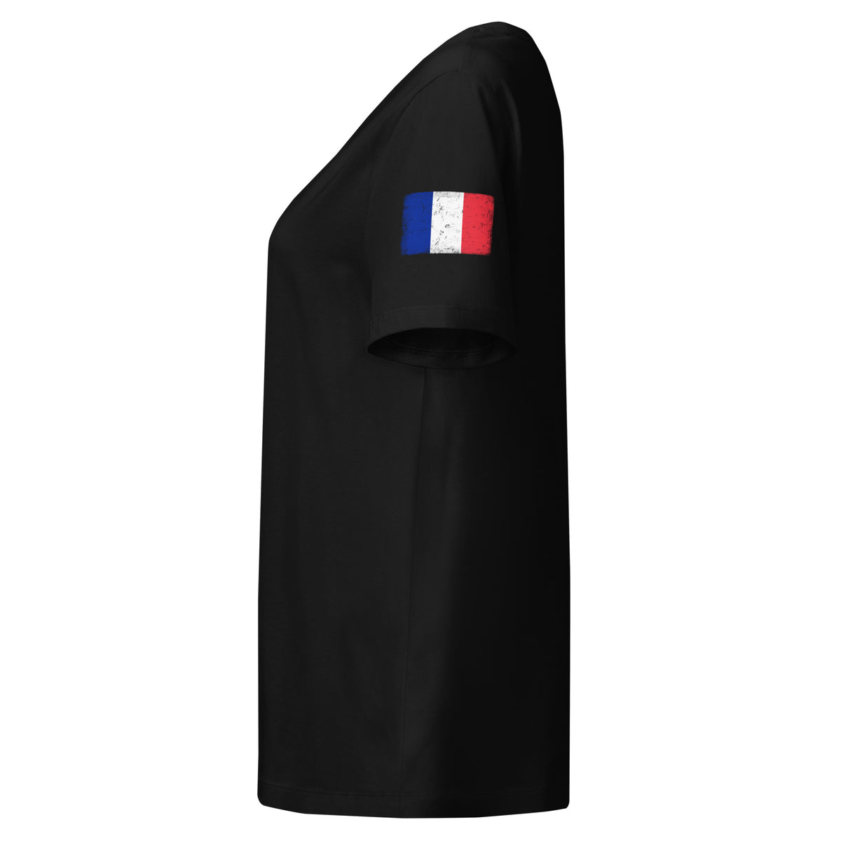 France flag t-shirt in Black, vintage-washed print, flag badge on the left sleeve, women cut, side view