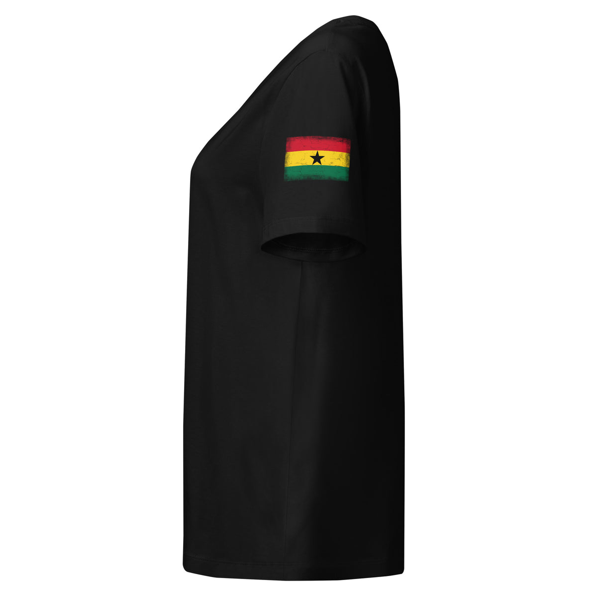 Ghana flag t-shirt in Black, vintage-washed print, flag badge on the left sleeve, women cut, side view