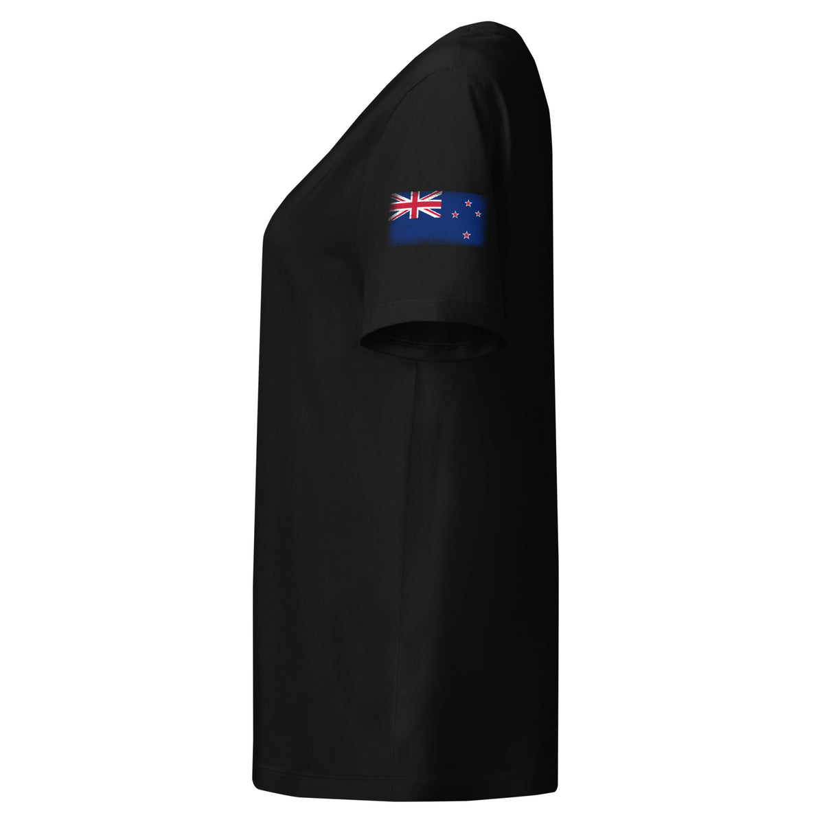 New Zealand flag t-shirt in Black, vintage-washed print, flag badge on the left sleeve, women cut, side view