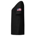 USA flag t-shirt in Black, vintage-washed print, flag badge on the left sleeve, women cut, side view