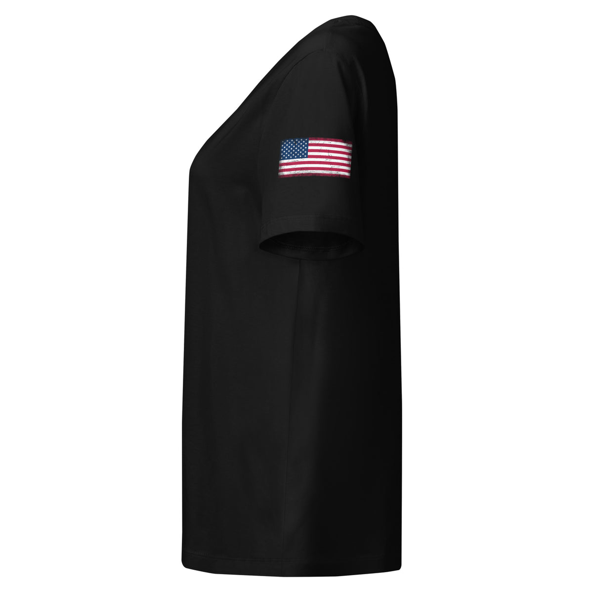 USA flag t-shirt in Black, vintage-washed print, flag badge on the left sleeve, women cut, side view