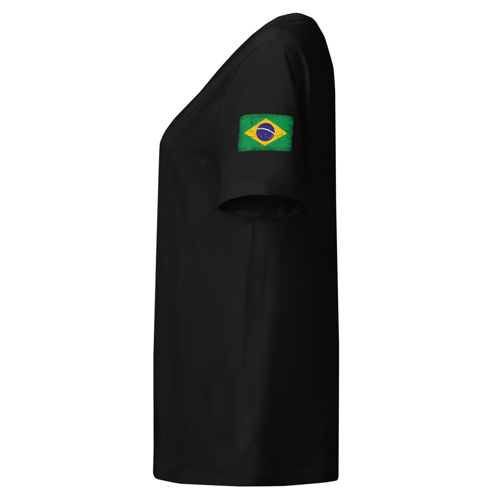 Brasil flag t-shirt in Black, vintage-washed print, flag badge on the left sleeve, women cut, side view