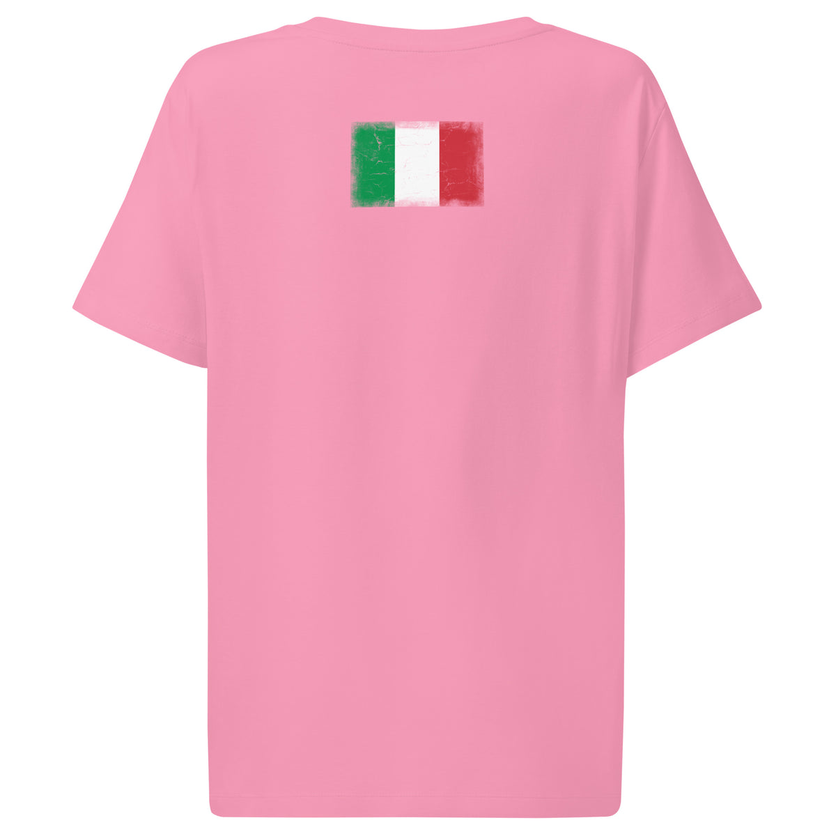 Italy flag t-shirt in Bubble Pink, vintage-washed print, flag across the upper back, women cut, back view