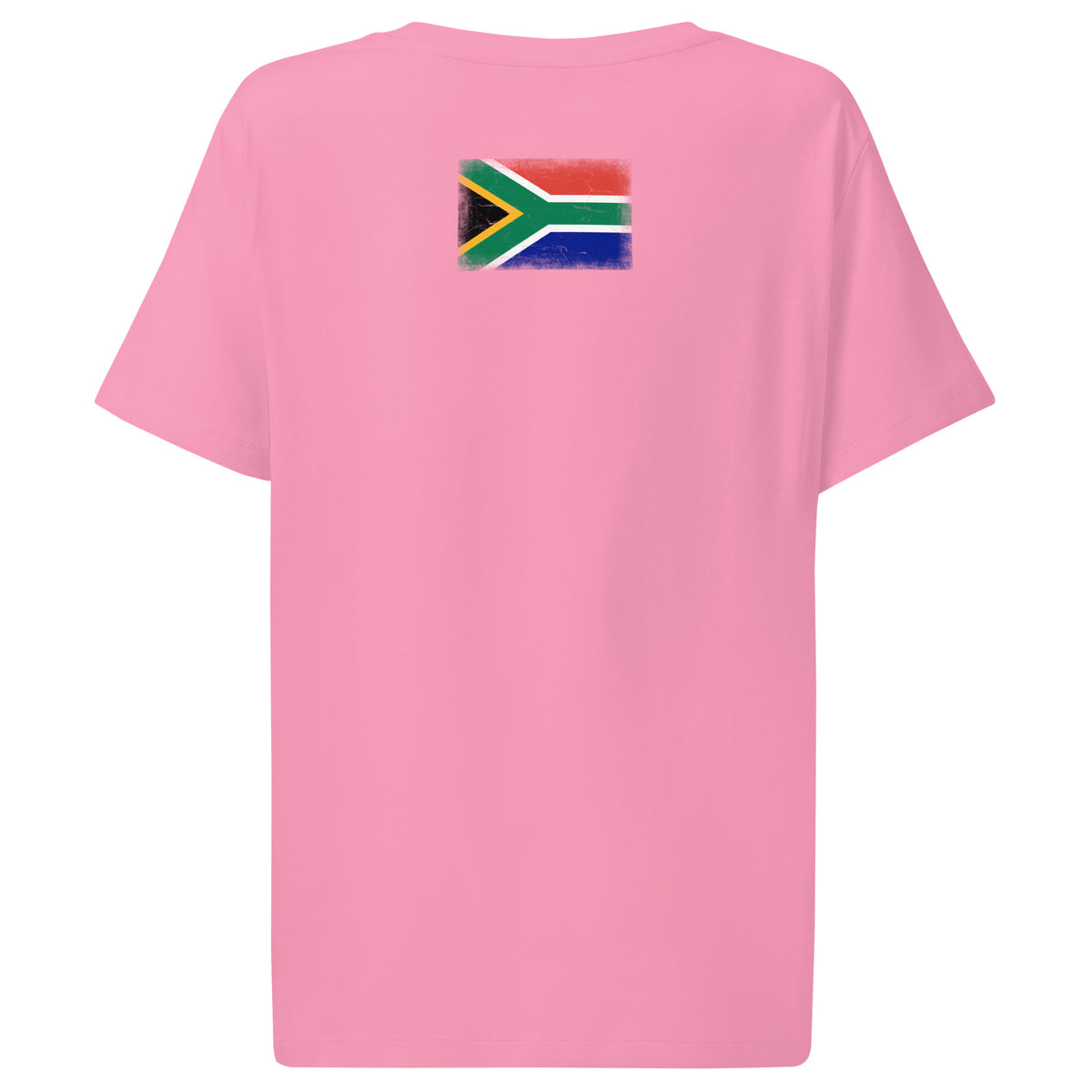South Africa flag t-shirt in Bubble Pink, vintage-washed print, flag across the upper back, women cut, back view