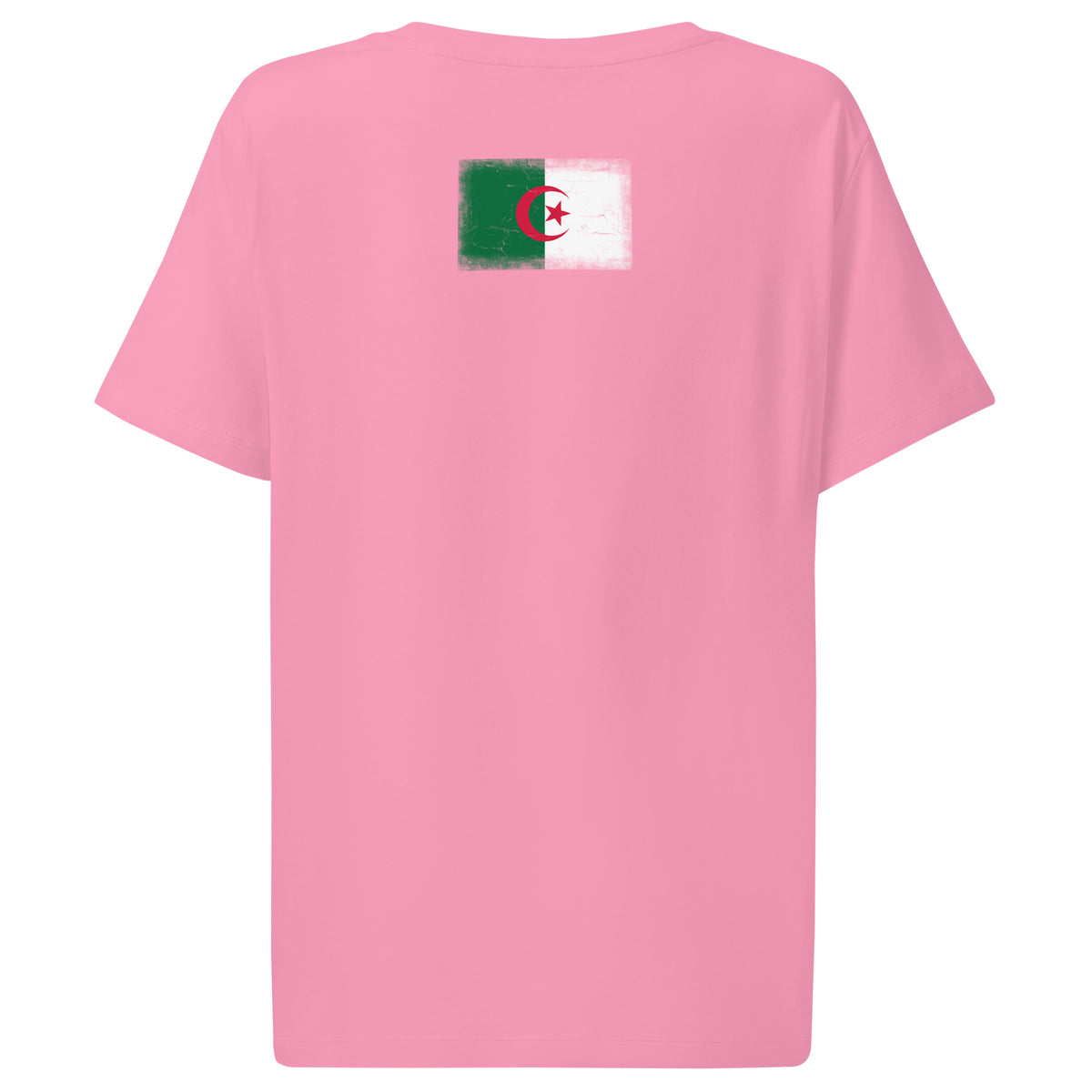 Algeria flag t-shirt in Bubble Pink, vintage-washed print, flag across the upper back, women cut, back view