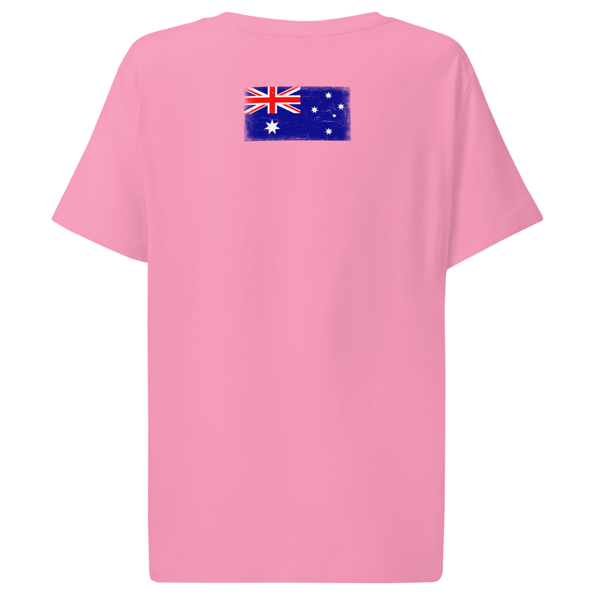 Australia flag t-shirt in Bubble Pink, vintage-washed print, flag across the upper back, women cut, back view
