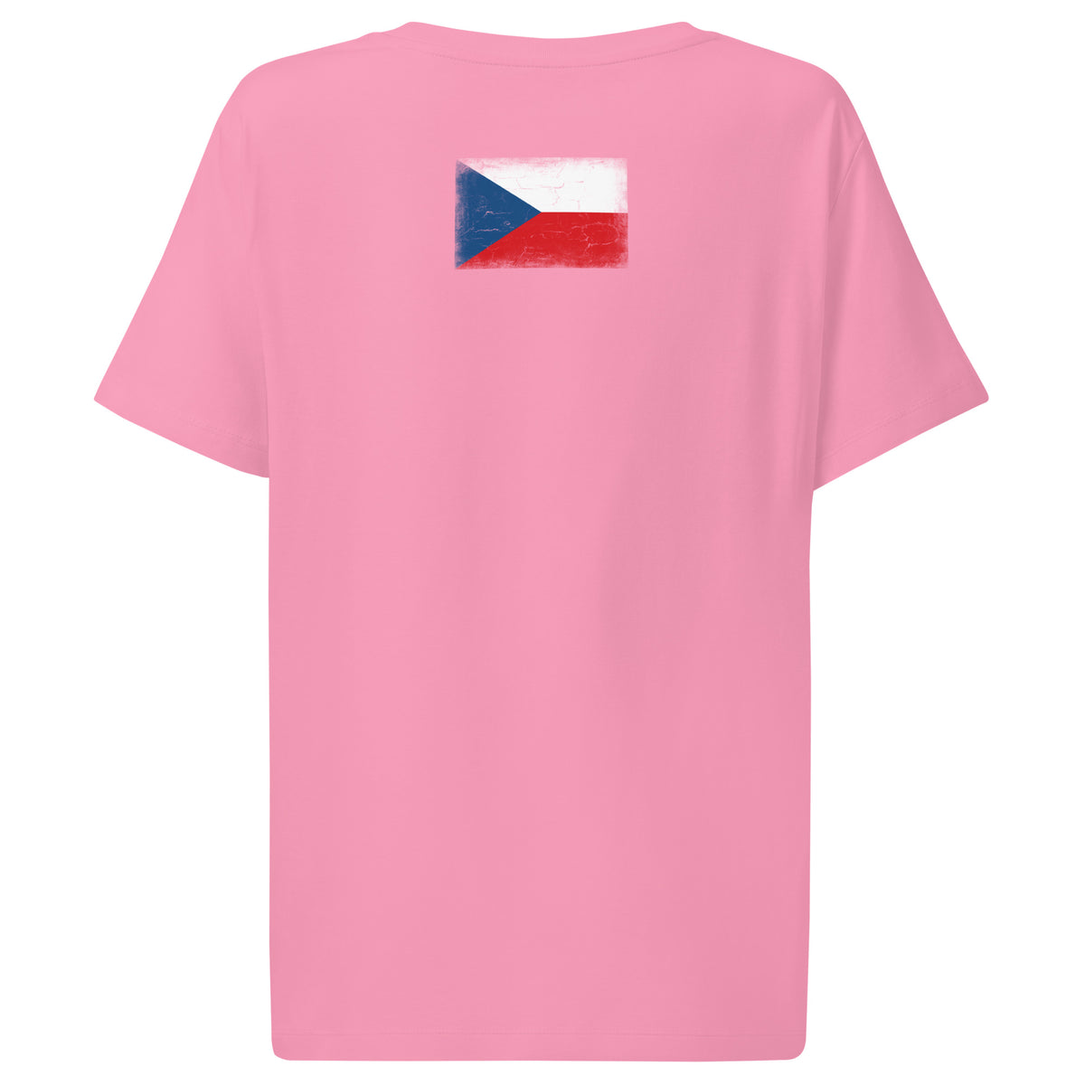 Czechia flag t-shirt in Bubble Pink, vintage-washed print, flag across the upper back, women cut, back view