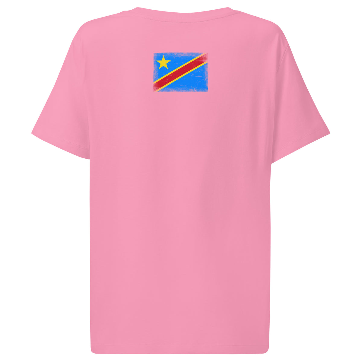 Congo flag t-shirt in Bubble Pink, vintage-washed print, flag across the upper back, women cut, back view