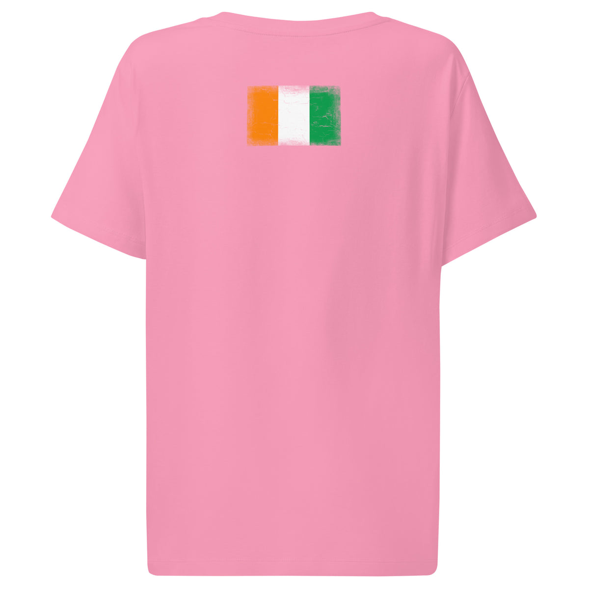 Côte d'Ivoire flag t-shirt in Bubble Pink, vintage-washed print, flag across the upper back, women cut, back view
