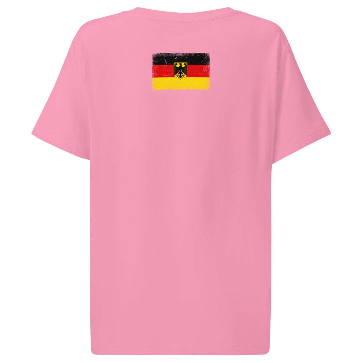 Germany flag t-shirt in Bubble Pink, vintage-washed print, flag across the upper back, women cut, back view