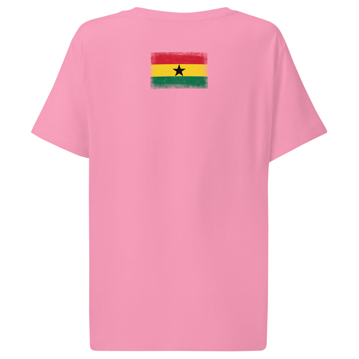 Ghana flag t-shirt in Bubble Pink, vintage-washed print, flag across the upper back, women cut, back view