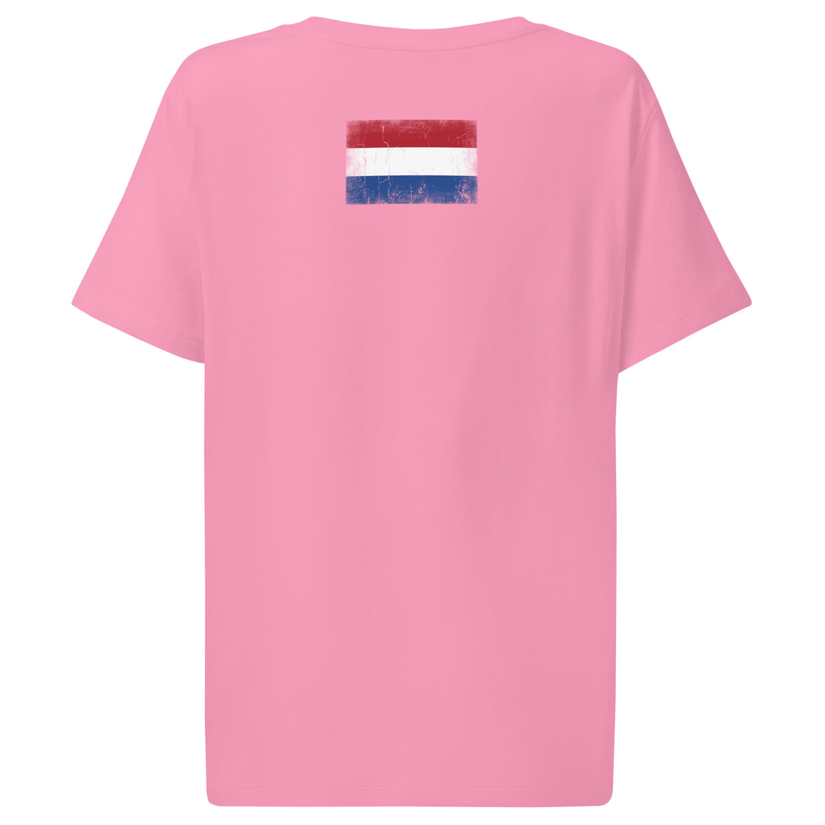 Netherlands flag t-shirt in Bubble Pink, vintage-washed print, flag across the upper back, women cut, back view