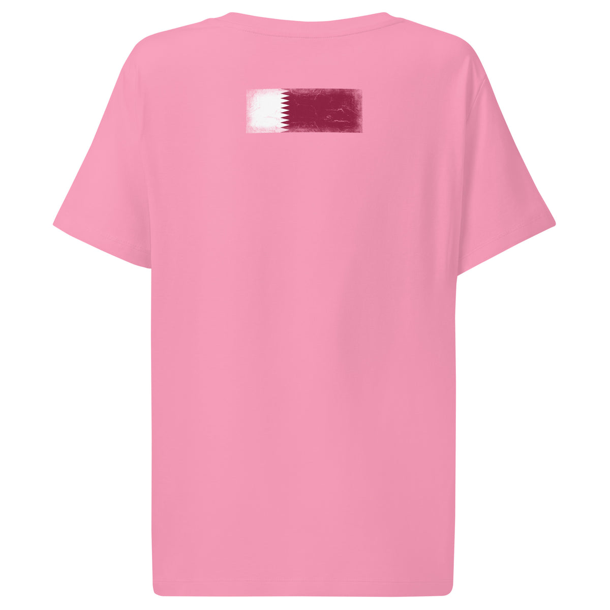 Qatar flag t-shirt in Bubble Pink, vintage-washed print, flag across the upper back, women cut, back view