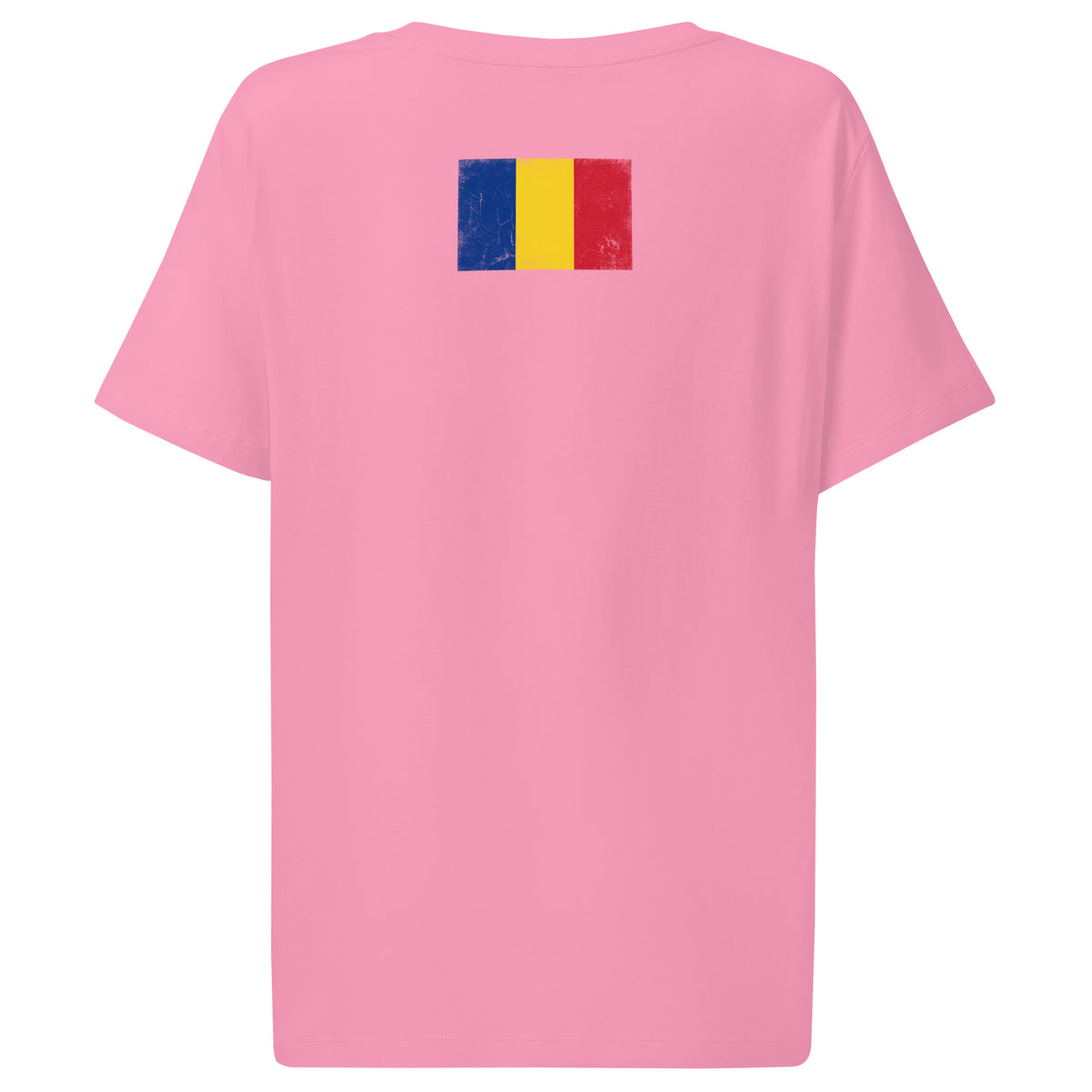 Romania flag t-shirt in Bubble Pink, vintage-washed print, flag across the upper back, women cut, back view