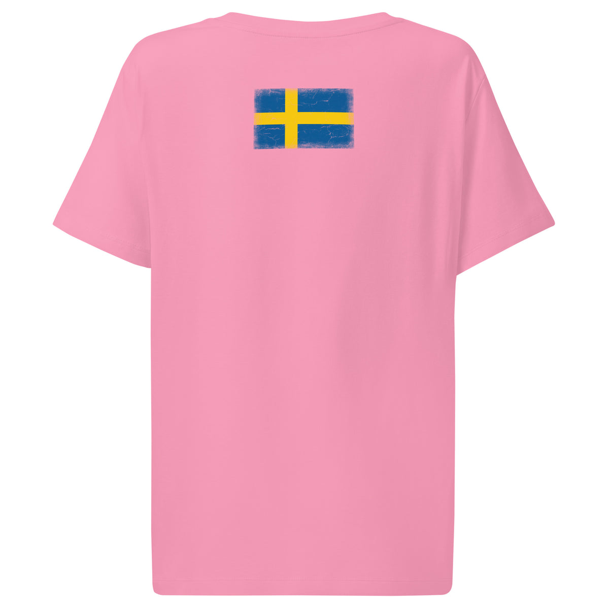 Sweden flag t-shirt in Bubble Pink, vintage-washed print, flag across the upper back, women cut, back view