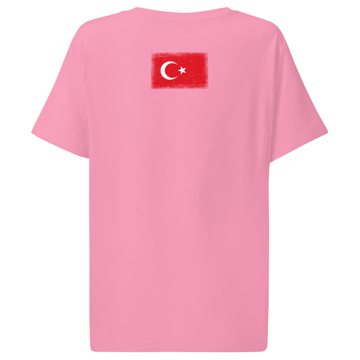 Turkey flag t-shirt in Bubble Pink, vintage-washed print, flag across the upper back, women cut, back view