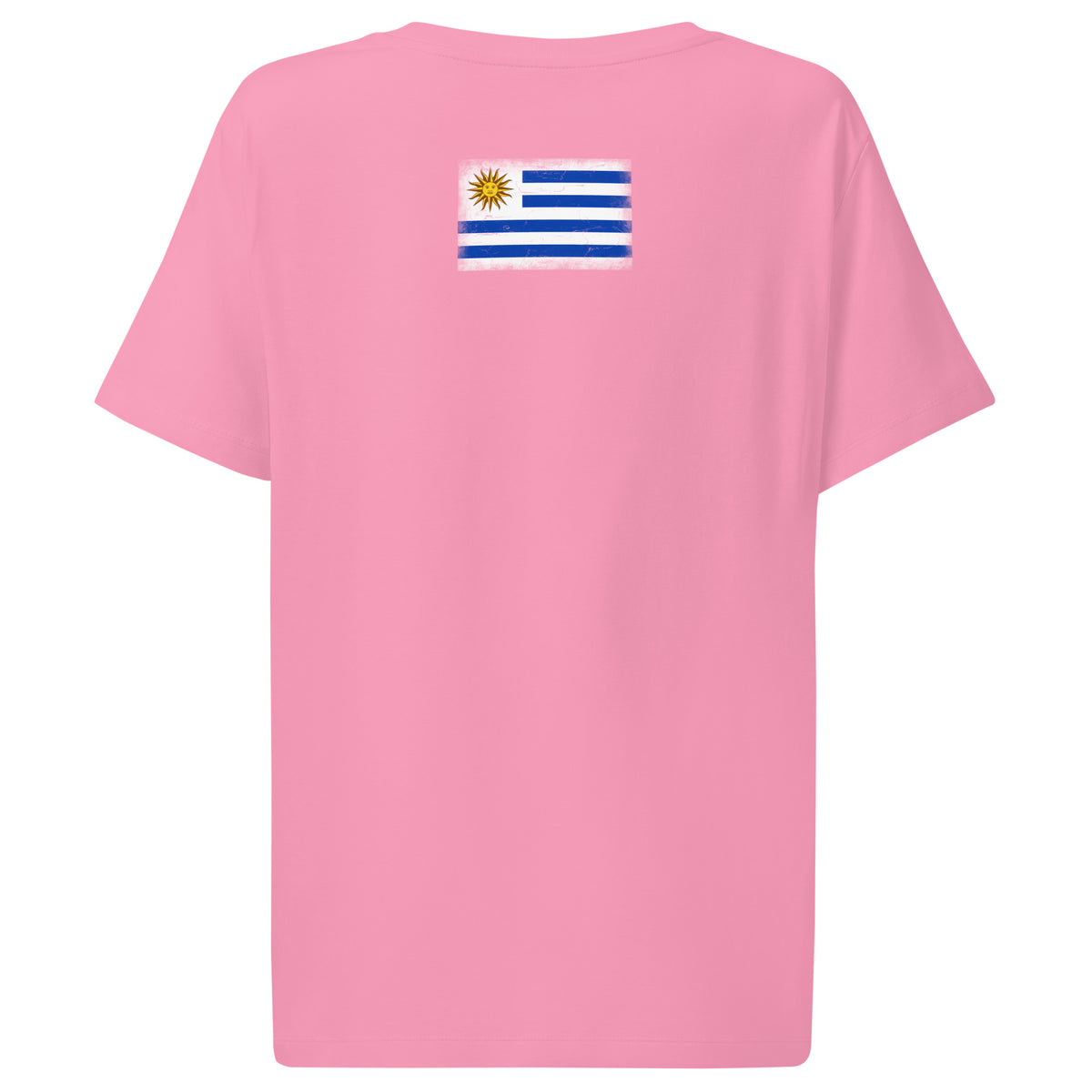 Uruguay flag t-shirt in Bubble Pink, vintage-washed print, flag across the upper back, women cut, back view