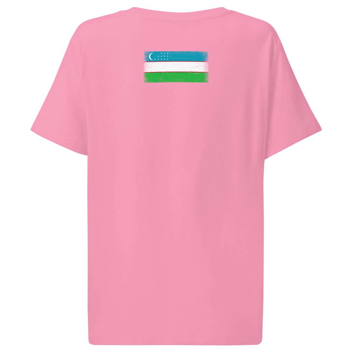 Uzbekistan flag t-shirt in Bubble Pink, vintage-washed print, flag across the upper back, women cut, back view